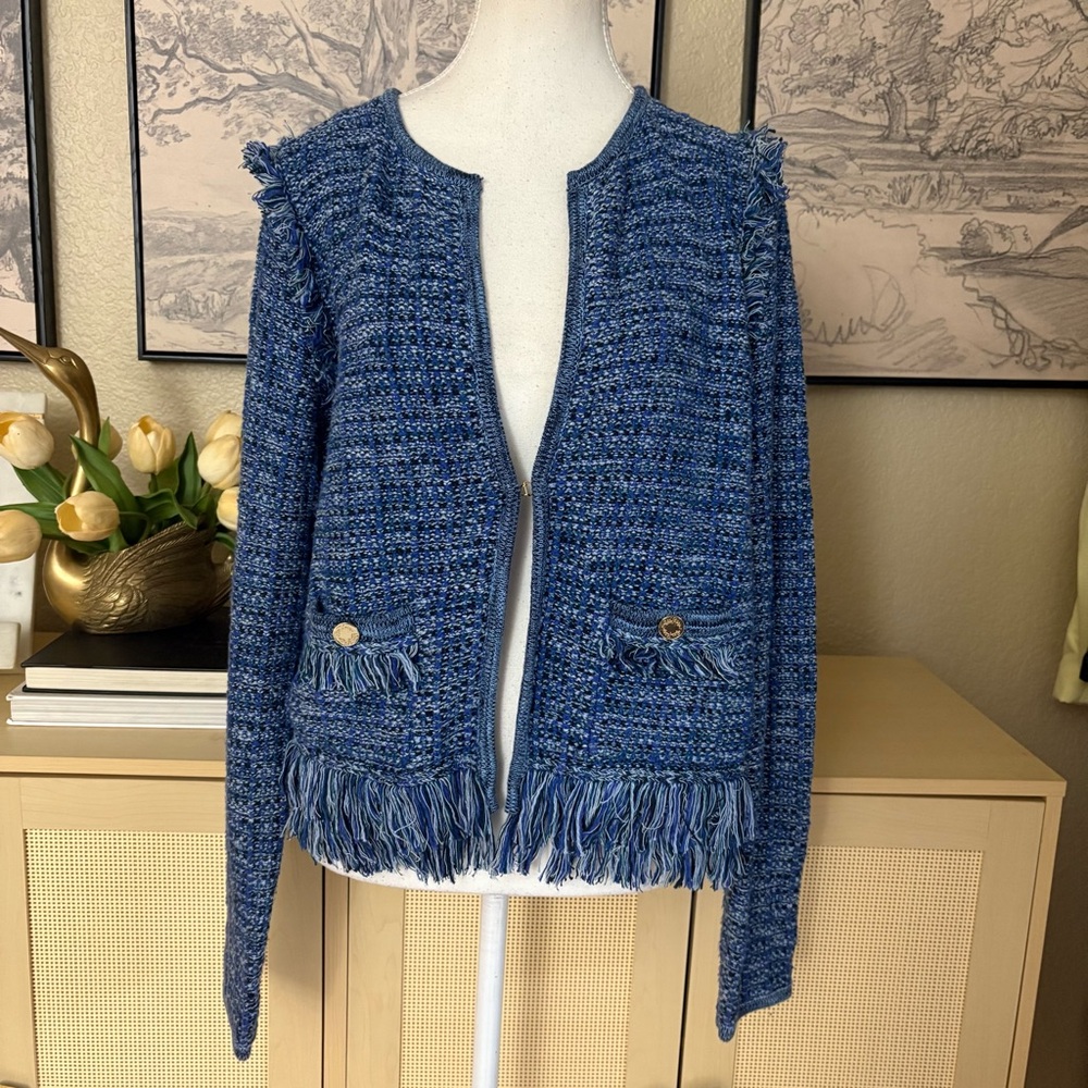 LILLY PULITZER Blue Tweed Fringe Jacket Size Medium‎